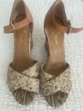 Cole Haan Tan Leather & Natural Snake-Print Woven Strap Heels